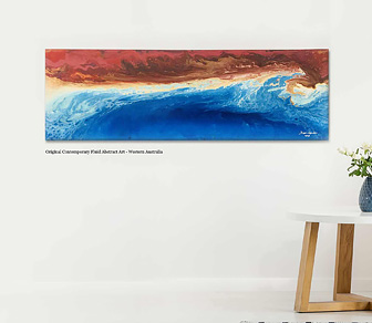 Pilbara Coast 1 is an Acrylic pour on canvas of Western Australia's dessert and outback landscape meeting the brilliant blue coast of the Pilbara by WA artist Delon Govender
